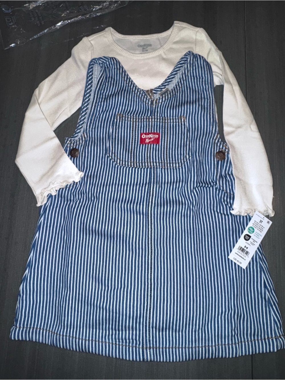 OshKosh B'gosh Blue & White Striped Pinafore Dress with Cream Top Layer